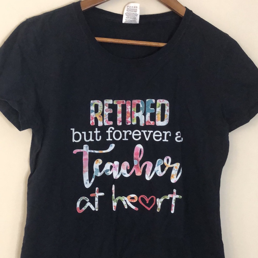 Retired Teacher black short sleeve Tee with playful pastel graphic 100% cotton L